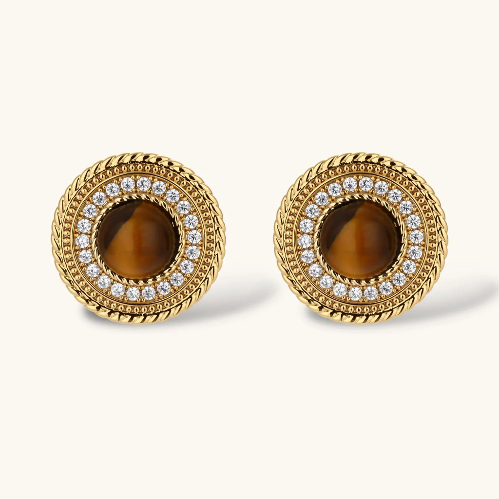 Gold-plated circular pendant necklace and matching earrings with natural stone centers and ornate rope detailing