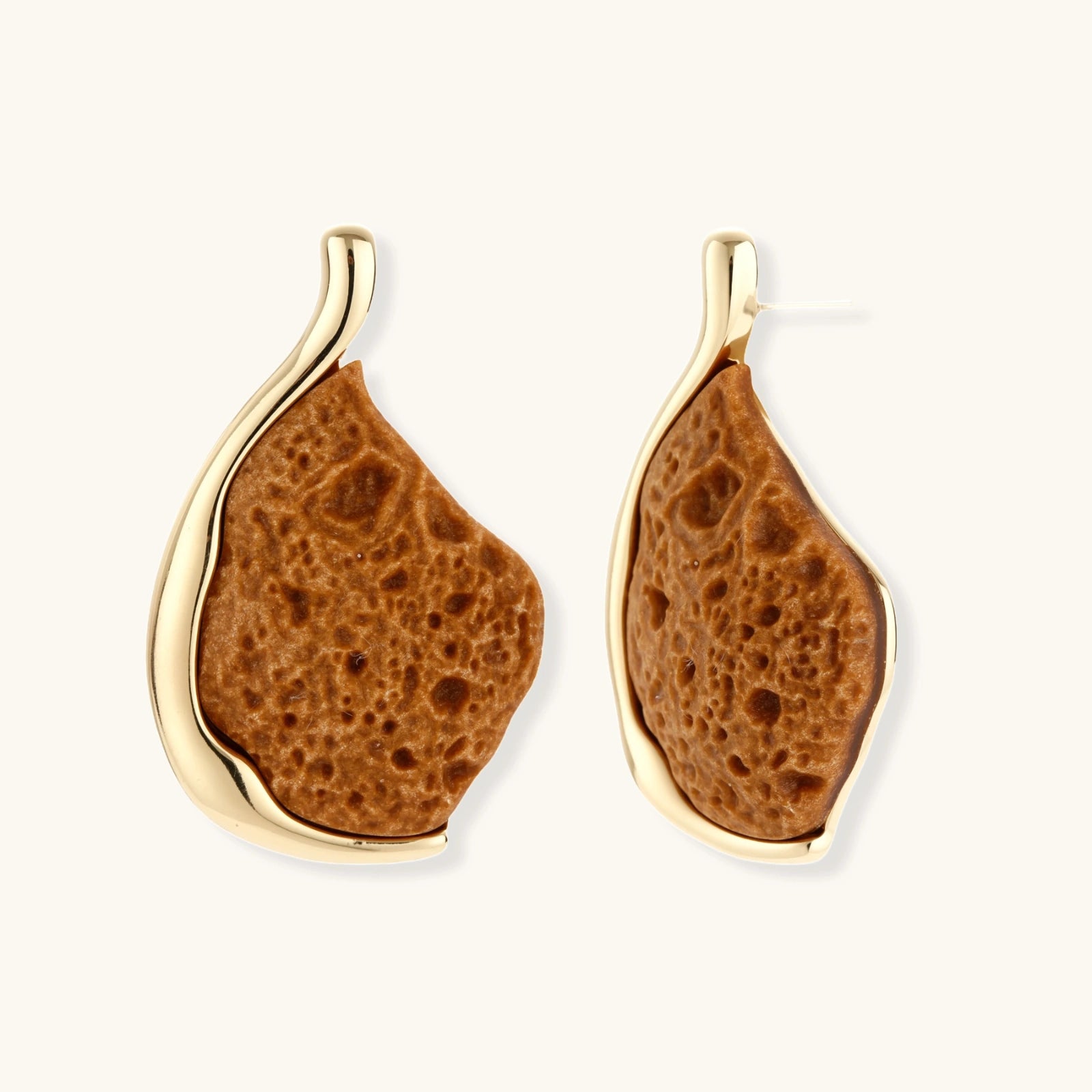 Textured brown resin drop earrings with gold-toned zinc alloy frames and sterling silver posts on white background.