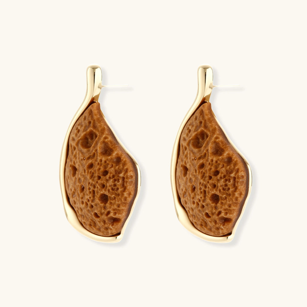 Textured brown resin drop earrings with gold-toned zinc alloy frames and sterling silver posts on white background.