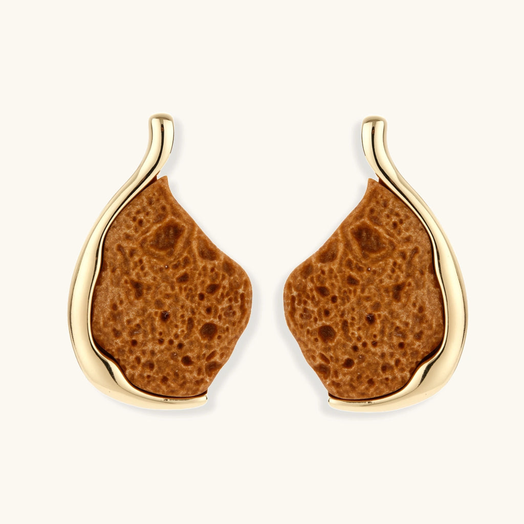 Textured brown resin drop earrings with gold-toned zinc alloy frames and sterling silver posts on white background.