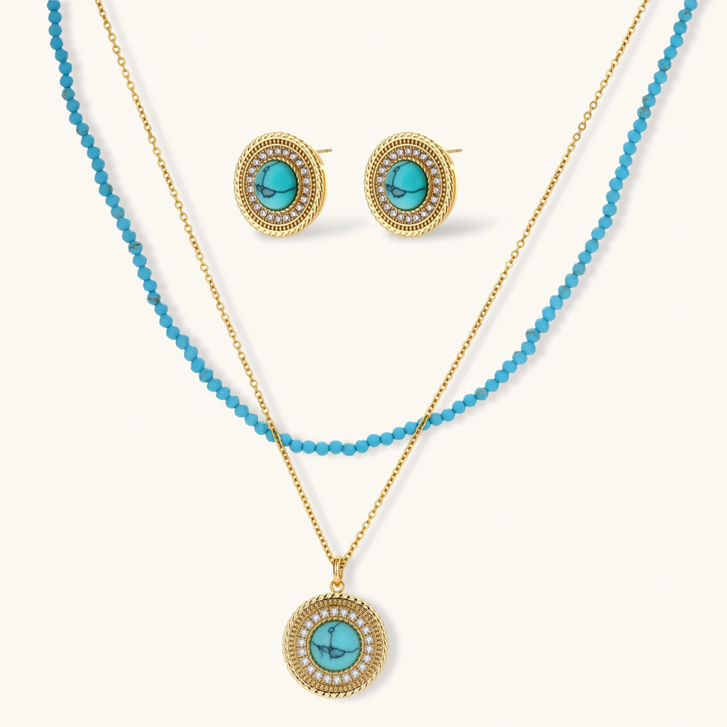 Gold-plated turquoise jewelry set with circular medallion pendant, beaded necklace, and matching stud earrings on white background