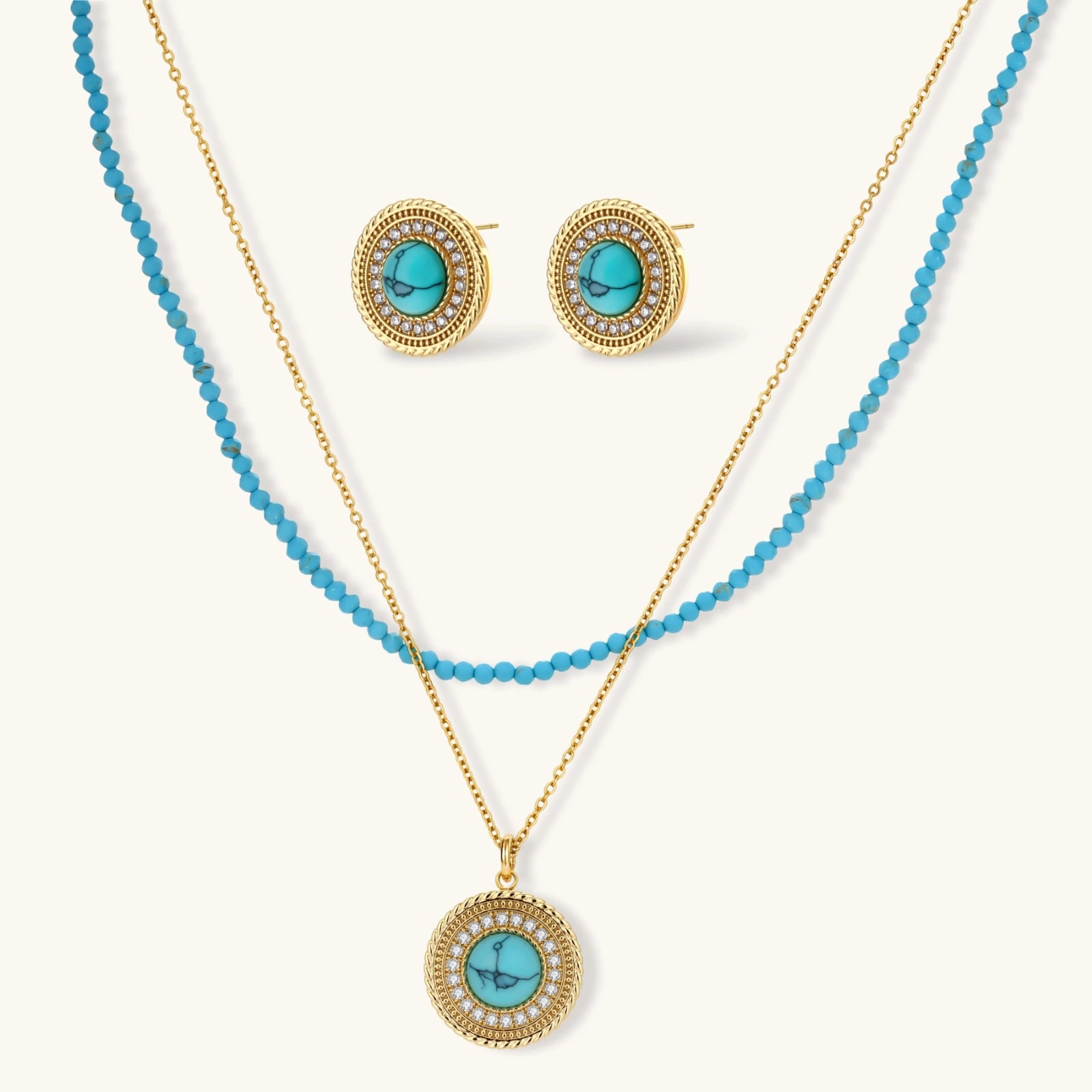 Gold-plated turquoise jewelry set with circular medallion pendant, beaded necklace, and matching stud earrings on white background