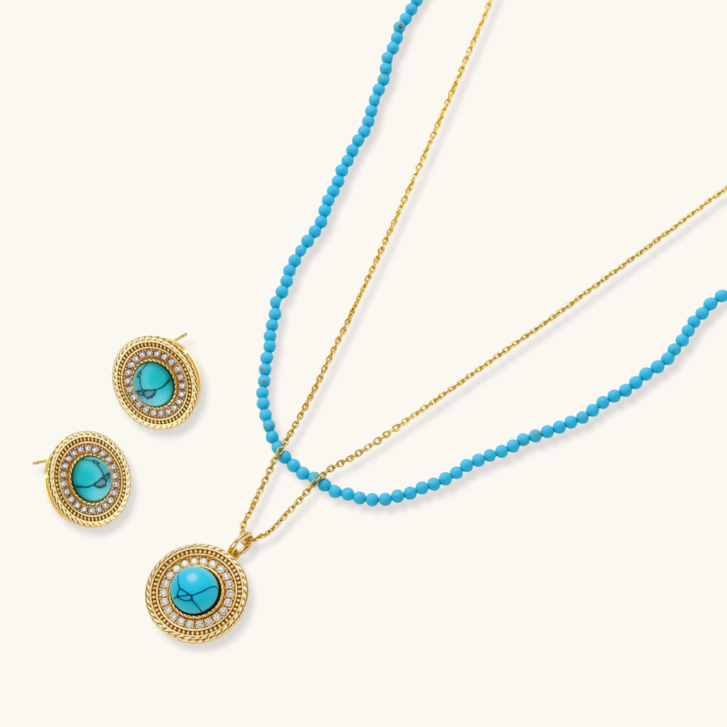 Gold-plated turquoise jewelry set with circular medallion pendant, beaded necklace, and matching stud earrings on white background