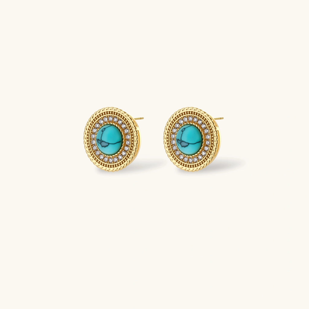 Gold-plated turquoise jewelry set with circular medallion pendant, beaded necklace, and matching stud earrings on white background
