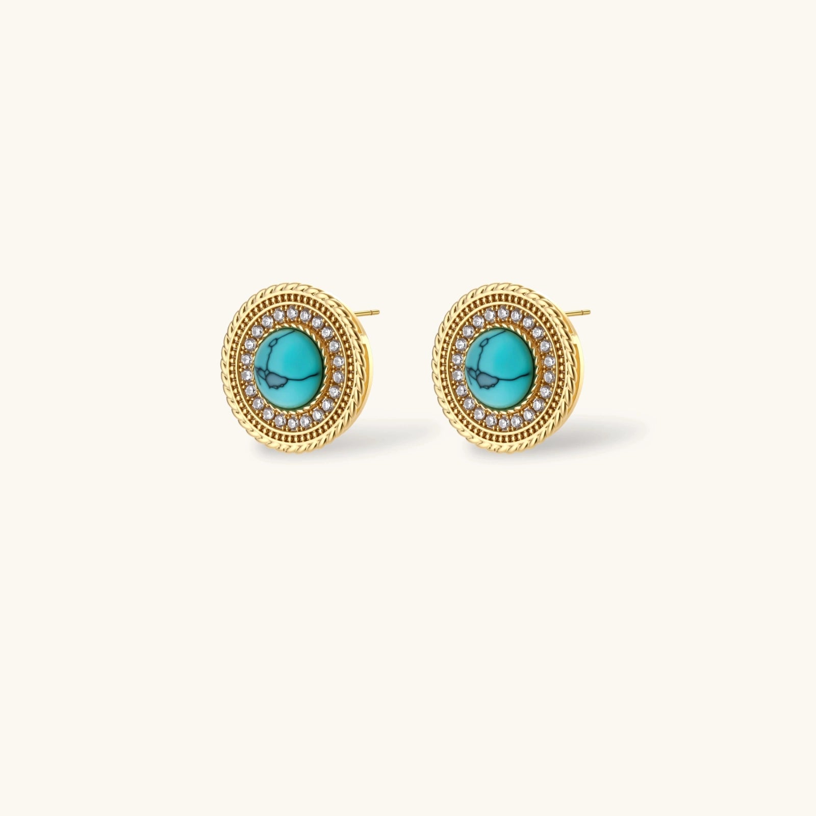 Gold-plated turquoise jewelry set with circular medallion pendant, beaded necklace, and matching stud earrings on white background