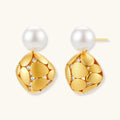 Gold-plated sterling silver drop earrings with white freshwater pearl studs and overlapping petal design with crystal accents